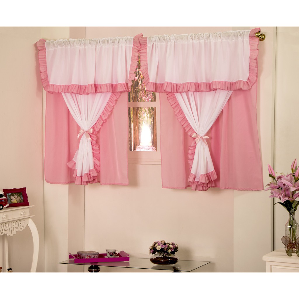 cortina infantil realeza 2,00m x 1,70m branca e rosa